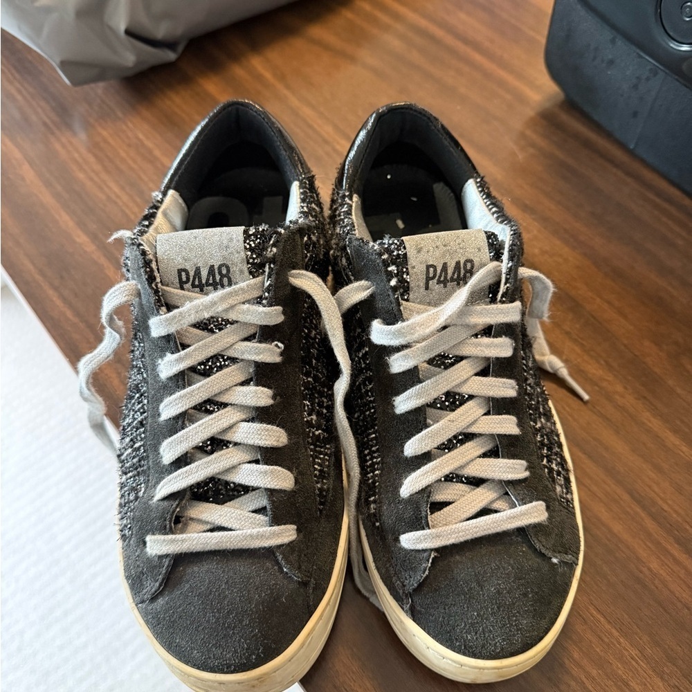 P448 Women's Black and White Tweed John Shaka Low Top - Picture 2 of 12